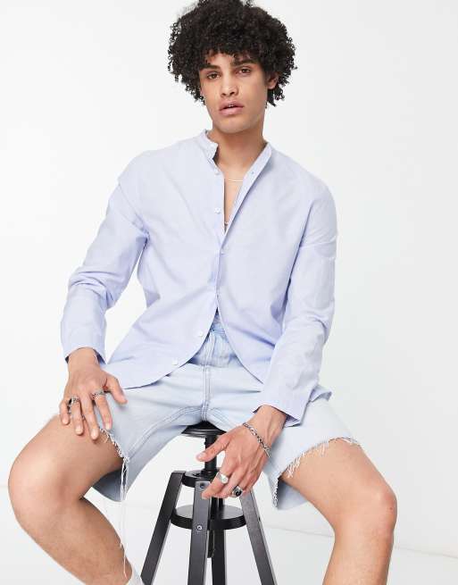 Bershka - Overhemd zonder kraag met lange mouwen in lichtblauw