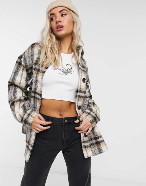 Bershka overshirt in camel and black check