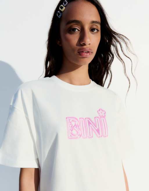 Bershka Oversize bini print t-shirt in white, 2 of 4