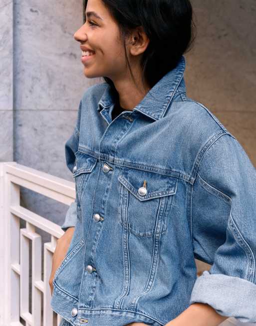 Bershka Oversize denim jacket in mid blue, 4 of 5