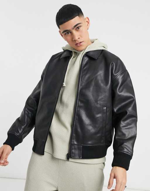 Bershka oversize faux leather bomber in black | ASOS