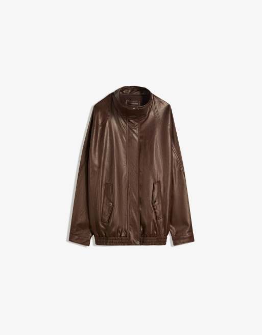 Bershka Oversize faux leather jacket in black
