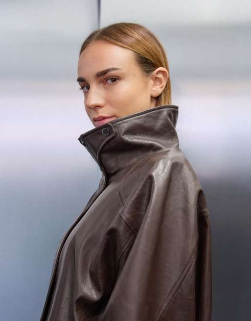 Bershka Oversize faux leather jacket in brown