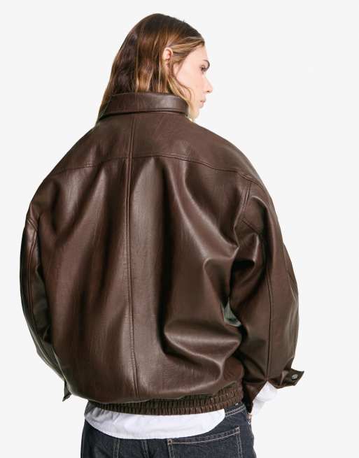 Bershka Oversize faux leather jacket in brown ASOS
