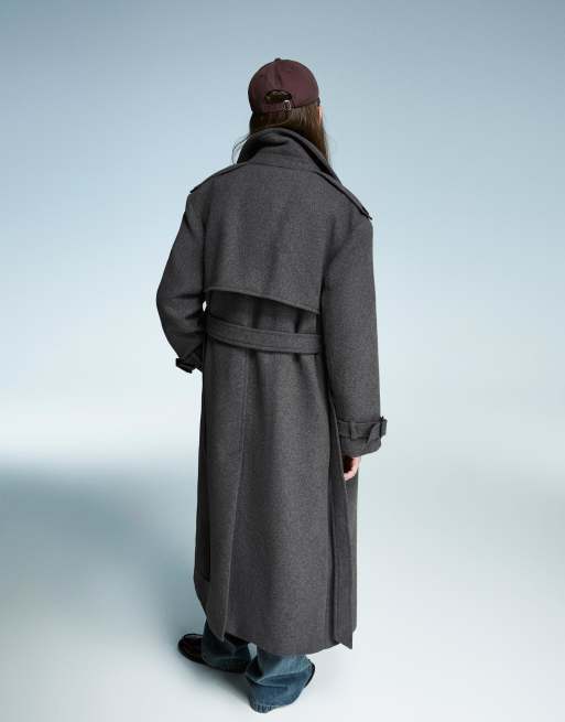 Bershka Oversize felt texture trench coat in grey, 3 of 4