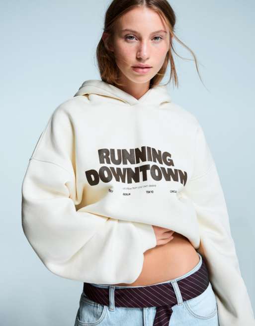 Bershka Oversize hoodie with print in ecru ASOS