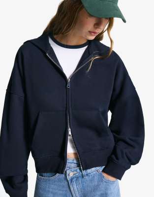 Bershka - Oversize-Kapuzenpullover in Marineblau mit Reißverschluss