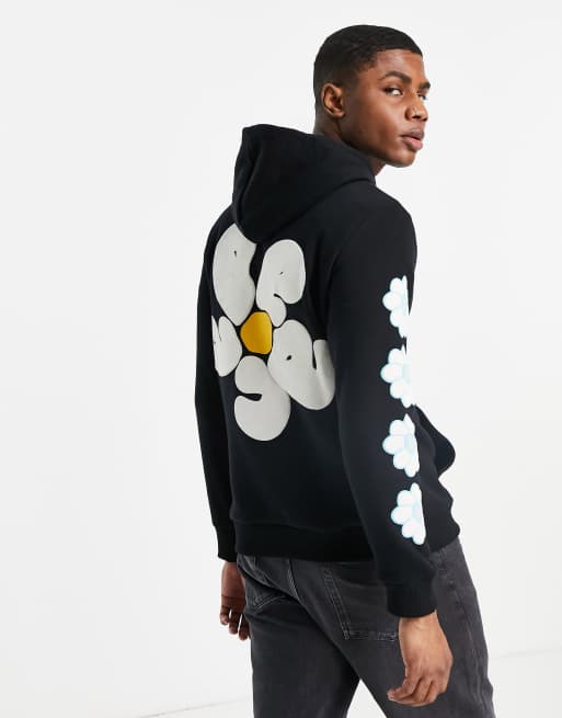 Bershka – Oversize-Kapuzenpullover in Schwarz mit Blumen-Rückenprint, 4 von 4