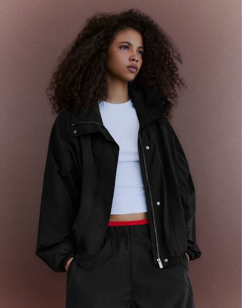 Bershka Oversize nylon batwing sleeve jacket in black - view 1