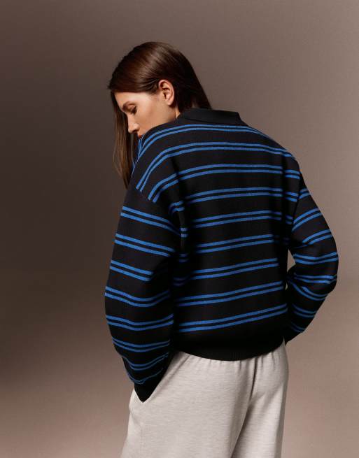 Bershka Oversize polo collar jumper in blue, 3 of 5