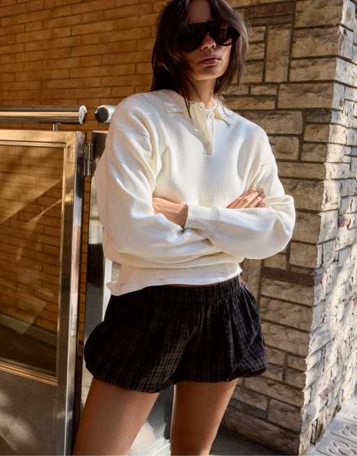 Bershka Oversize polo collar jumper in ecru, 2 of 5