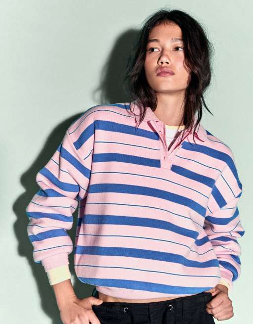 Bershka Oversize polo collar jumper in pink, 3 of 5