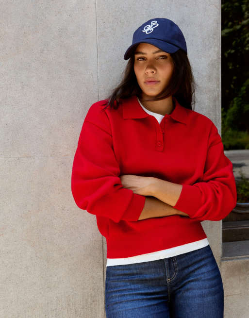 Bershka Oversize polo collar jumper in red, 2 of 5