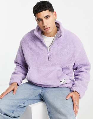 Bershka – Oversize-Pullover aus Teddyfell in Fliederlila mit kurzem Reißverschluss