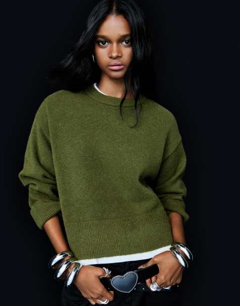 Bershka – Oversize-Pullover in Grün mit geripptem Saum - view 1