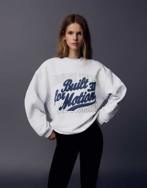 Bershka Oversize round neck print sweatshirt in light grey - view 1