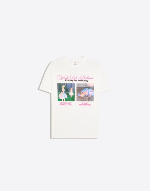 Bershka Oversize short sleeve barbie print t-shirt in ecru, 5 of 5
