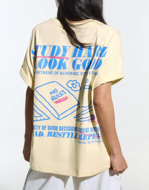 Bershka Oversize short sleeve print t-shirt in yellow - view 1