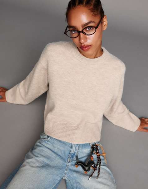 Bershka Oversize sweater with ribbed hem in stone - view 1