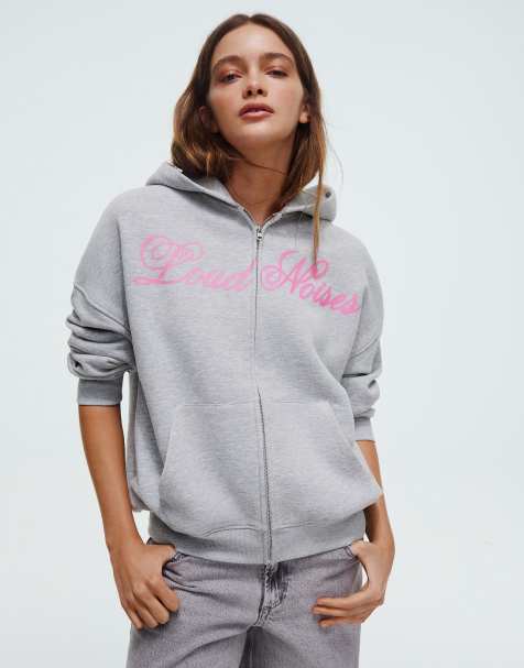 Bershka – Oversize-Sweatshirt in Grau mit Print, Kapuze und Reißverschluss - view 1