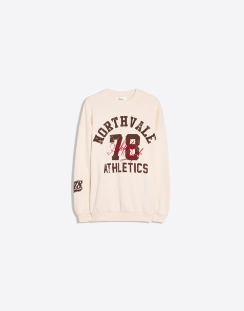 Bershka Oversize-Sweatshirt mit Rundhalsausschnitt und Print in Beige - view 1
