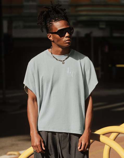 Bershka – Oversize-T-Shirt in Mittelblau mit Worker-Print - view 1