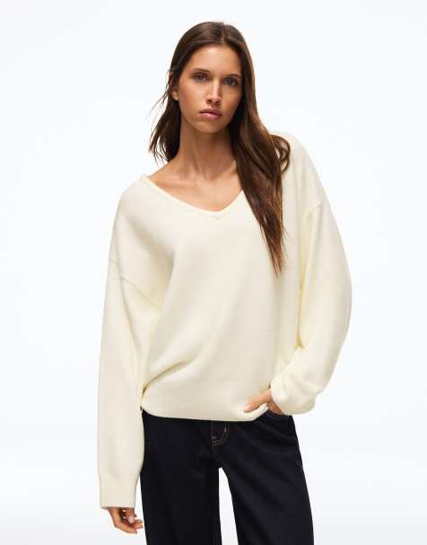 Bershka oversize tröja med v-ringning i naturvit - view 1