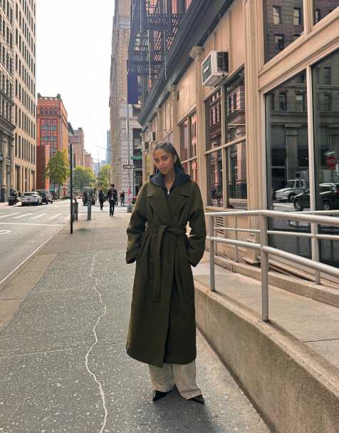Bershka Oversize wool blend coat with belt in khaki - view 1