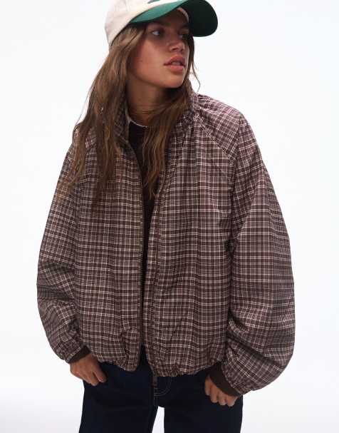 Bershka Oversize zip-up check jacket in brown - view 1