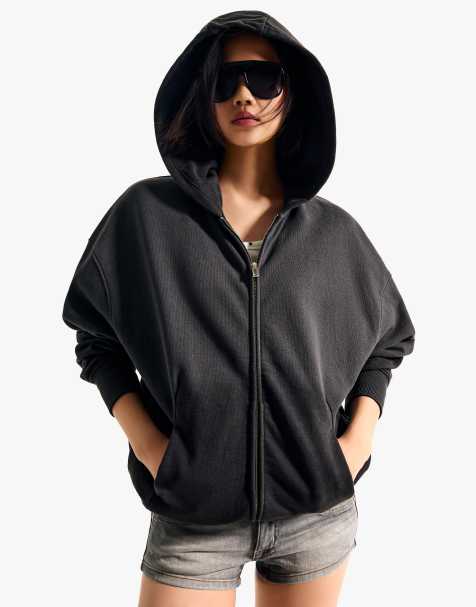 Bershka Oversize zip-up hood sweatshirt in washed grey - view 1