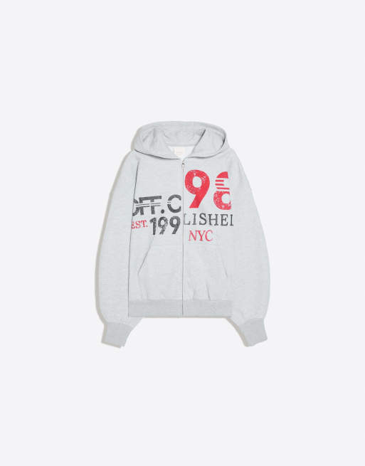 Bershka Oversize zip-up hooded sweatshirt with print in washed grey, 5 of 5