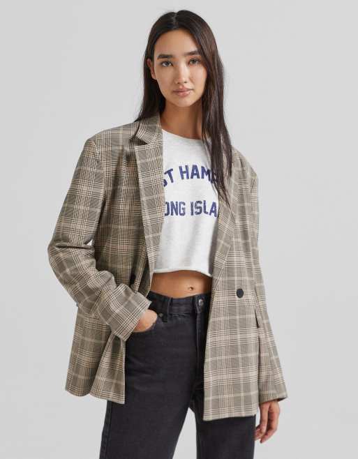 Bershka oversized button store front jacket in check