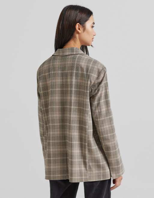 Bershka oversized button store front jacket in check