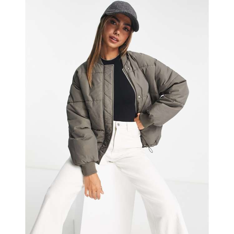 Bershka oversized bomber puffer jacket in mink