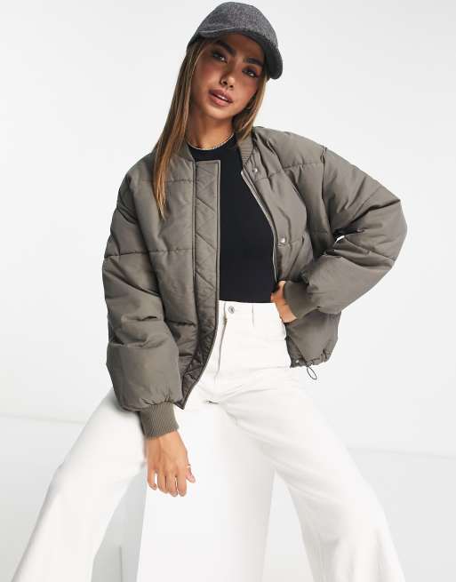 Bershka oversized bomber puffer jacket in mink | ASOS