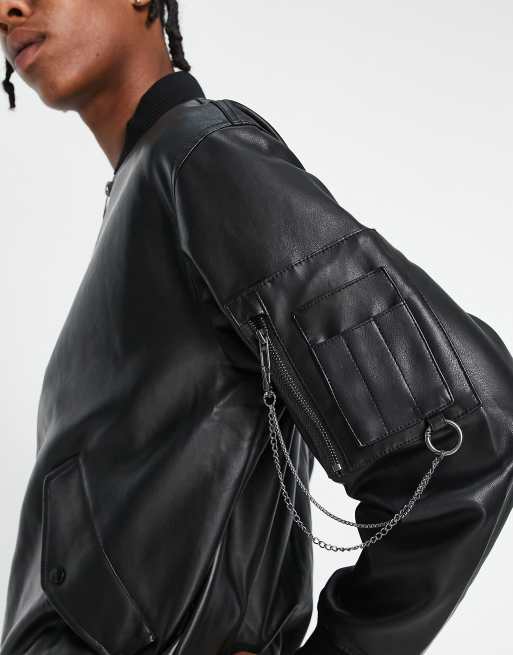 Bershka - Oversized bomberjack van imitatieleer met afneembare ketting in zwart, 3 van 4