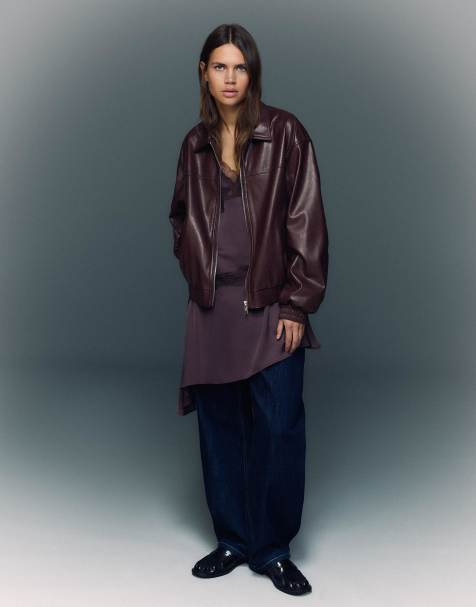 Bershka - Oversized bordeaux jakke i imiteret læder - view 1