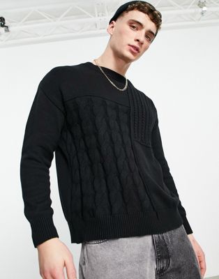 Bershka oversized cable knit jumper in black