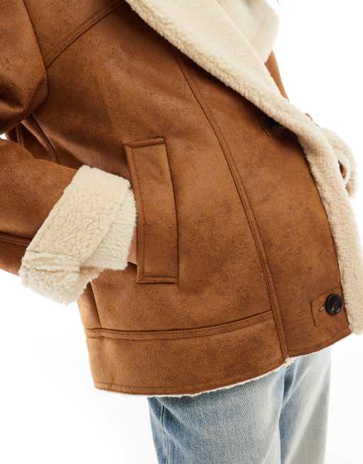 Bershka oversized contrast shearling jacket in brown