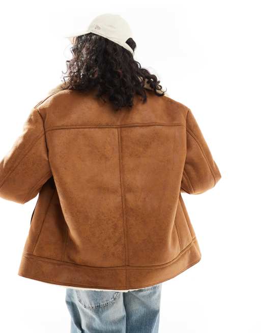 Bershka oversized contrast shearling jacket in brown