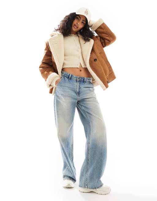 Bershka oversized contrast shearling jacket in brown