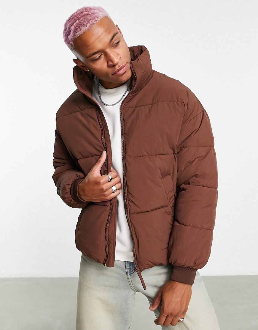 Bershka oversized cotton puffer jacket in brown