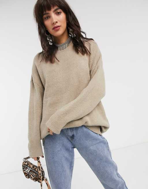 Bershka oversized crew neck sweater in camel | ASOS