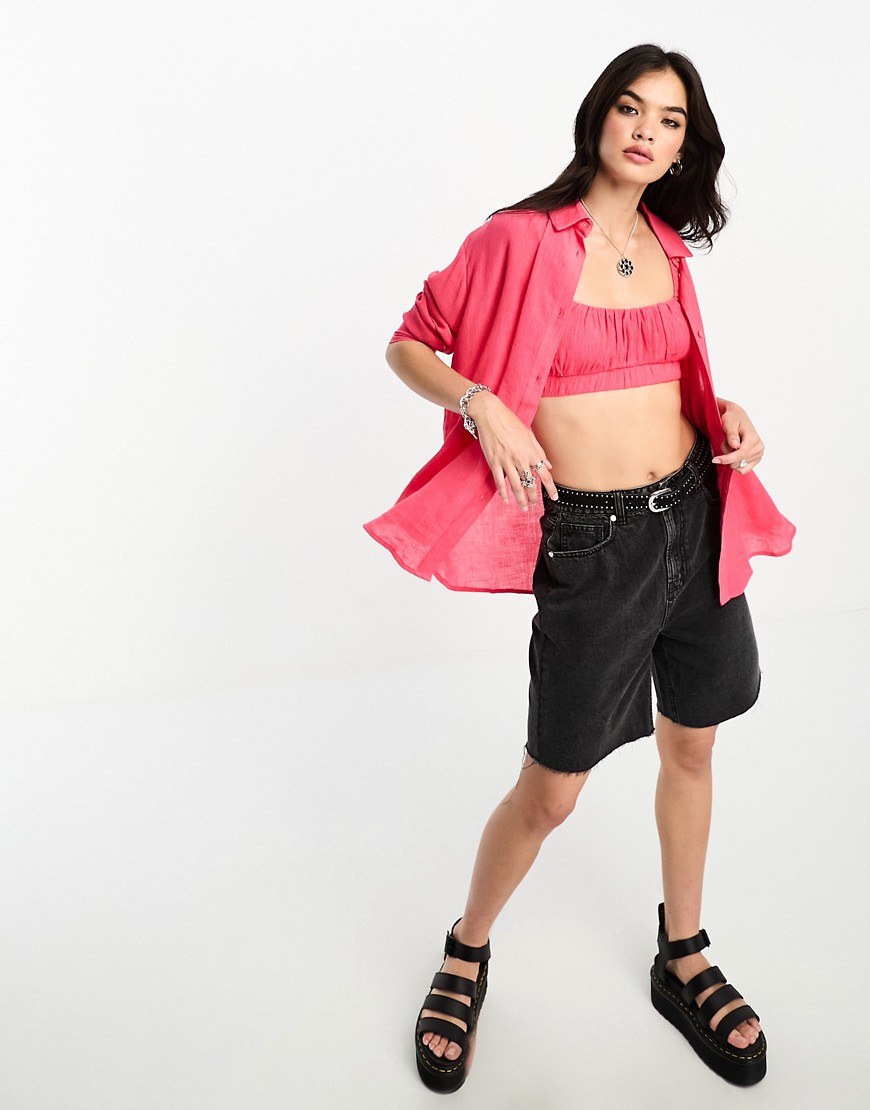 Bershka Oversized Crinkle Shirt In Bright Pink - Part Of A Set