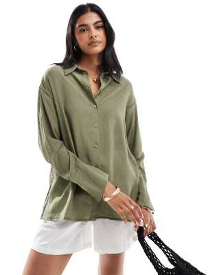 Bershka Oversized Crinkle Shirt In Khaki-green