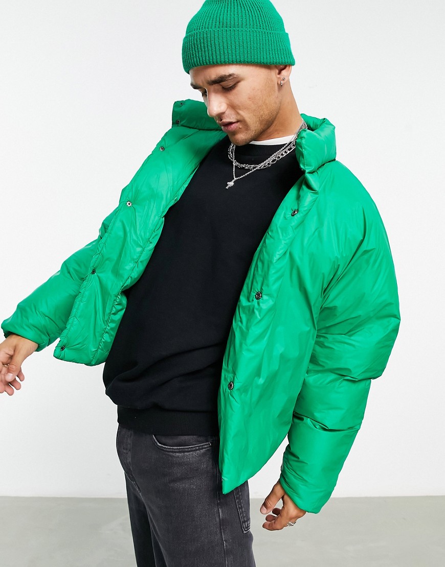 Bershka oversized cropped puffer jacket in green