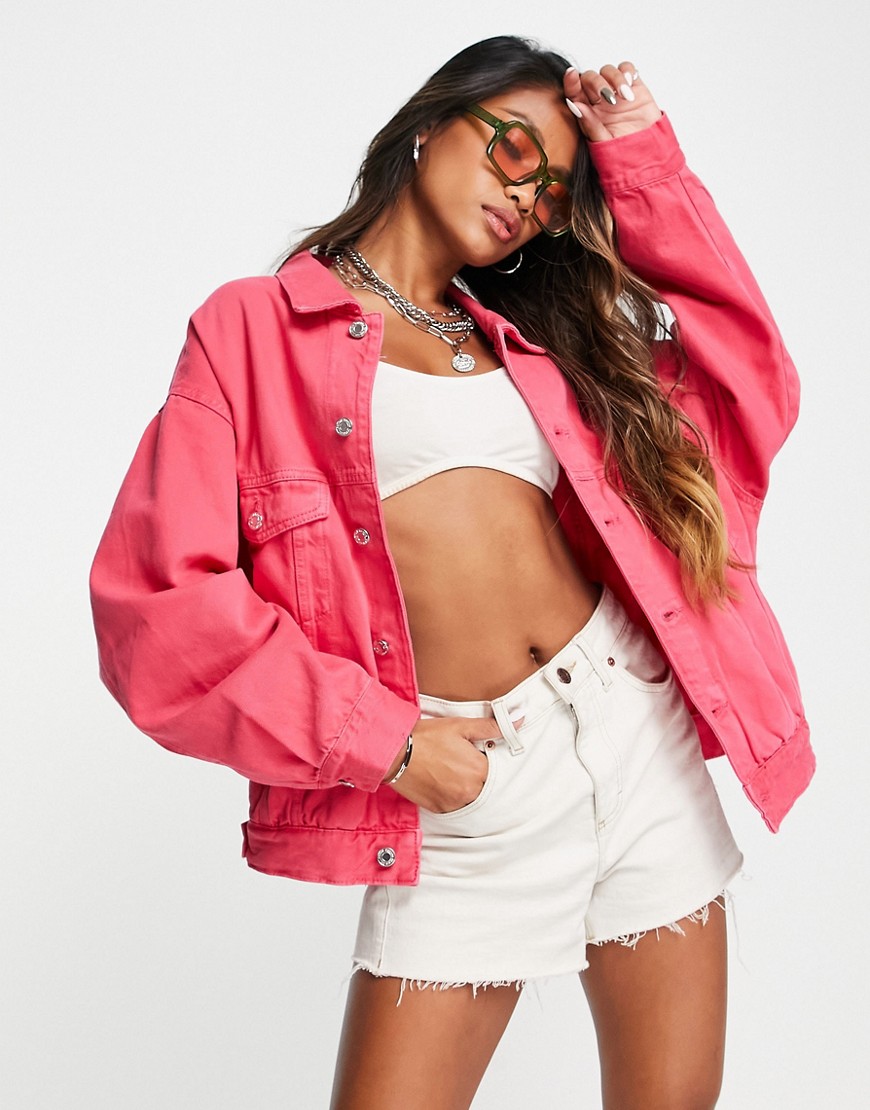 Bershka oversized denim jacket in bright pink