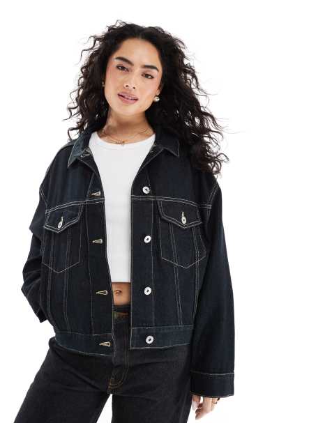 Bershka oversized denim jacket in dark blue wash - view 1