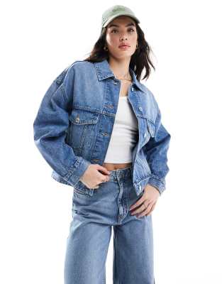 Bershka Oversized Denim Jacket In Mid Wash Blue