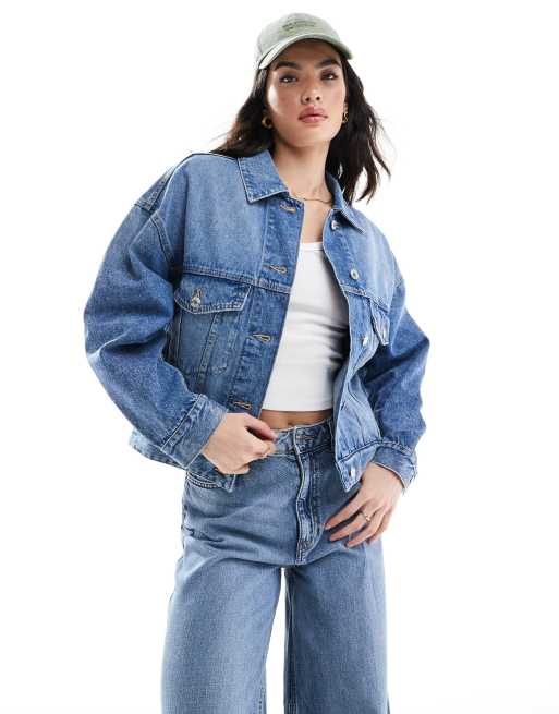 Bershka oversized denim jacket in mid wash blue